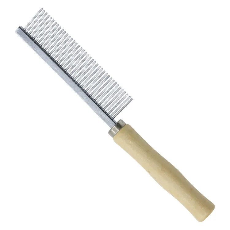 Wooden handle pet grooming comb for dogs and cats on a plain background.
