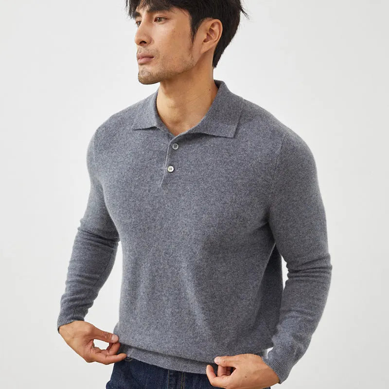 Men's blue cashmere polo collar pullover sweater on hanger showing loose fit design
