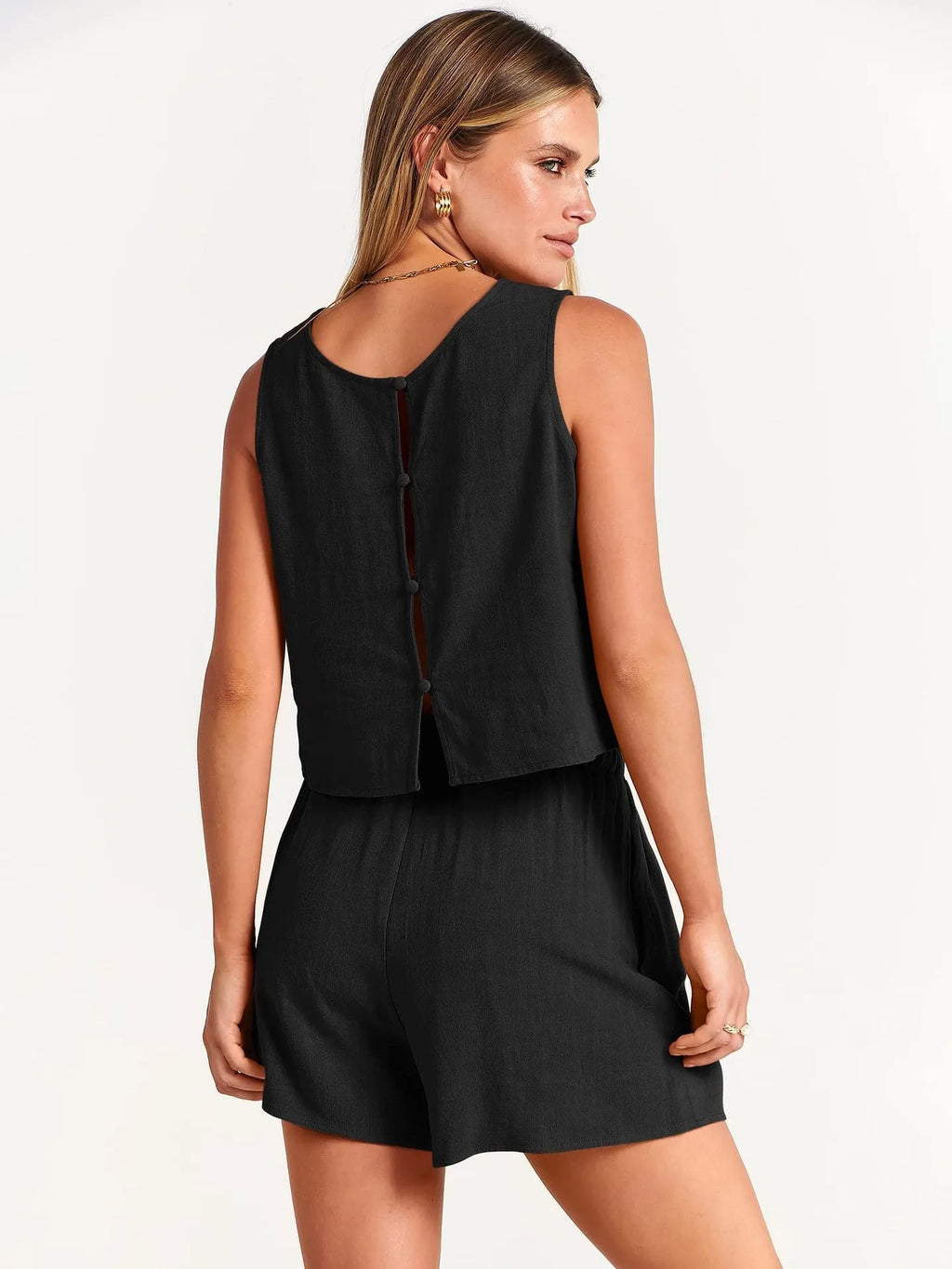 Women's summer two-piece set with sleeveless top and drawstring shorts in five colour options