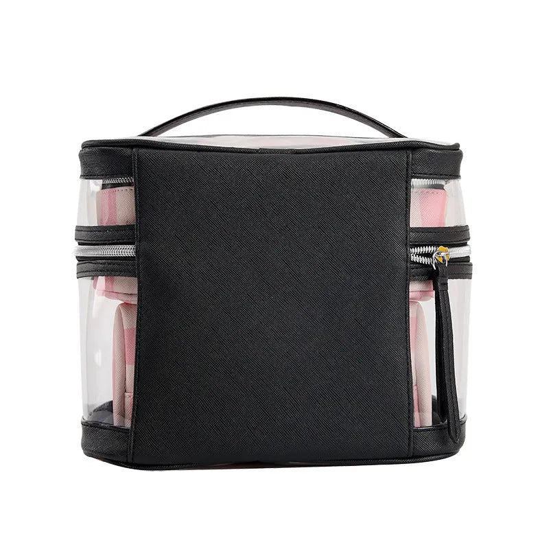 Pink bold stripes floral makeup buggy bag in synthetic leather with waterproof finish.