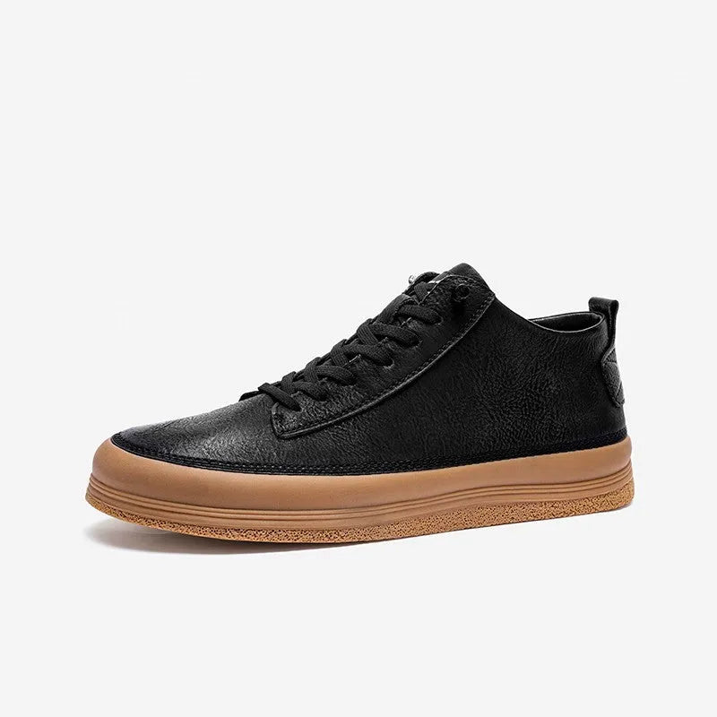Men's black leather casual shoes with round toe and soft rubber soles shown from side view