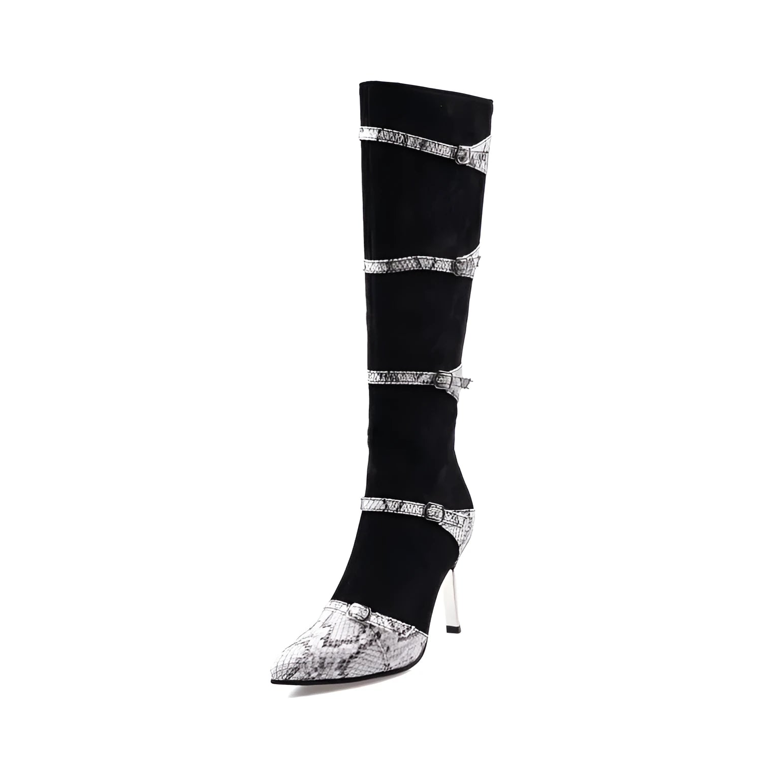 Women's black knee-high boots with high heel and velvet lining