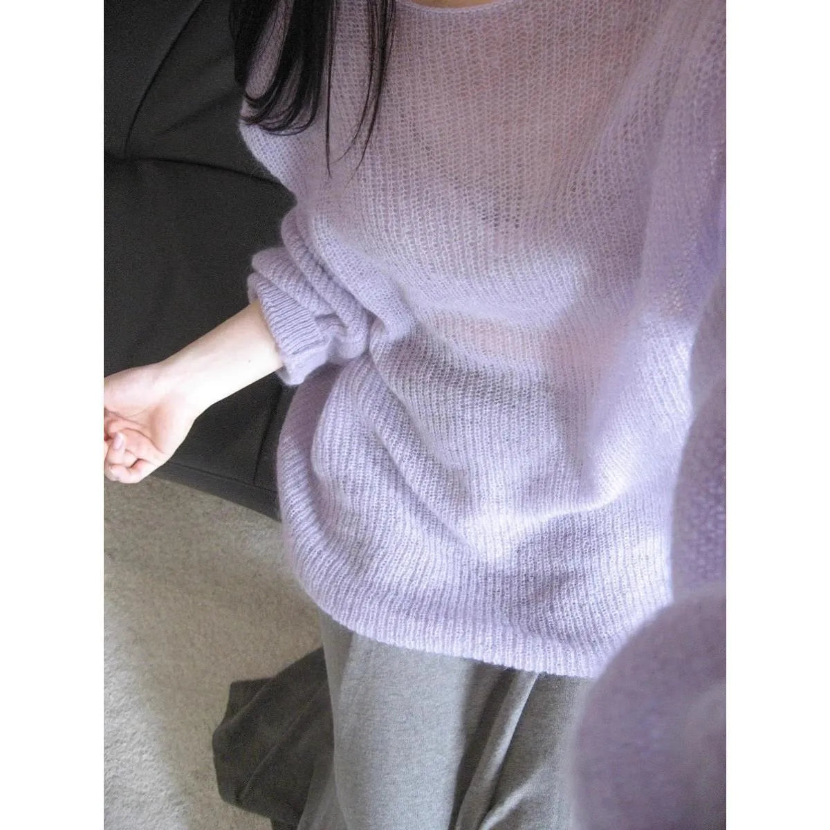 Purple women's blouse with hollow out design and princess sleeves, made from lightweight Ice Silk.