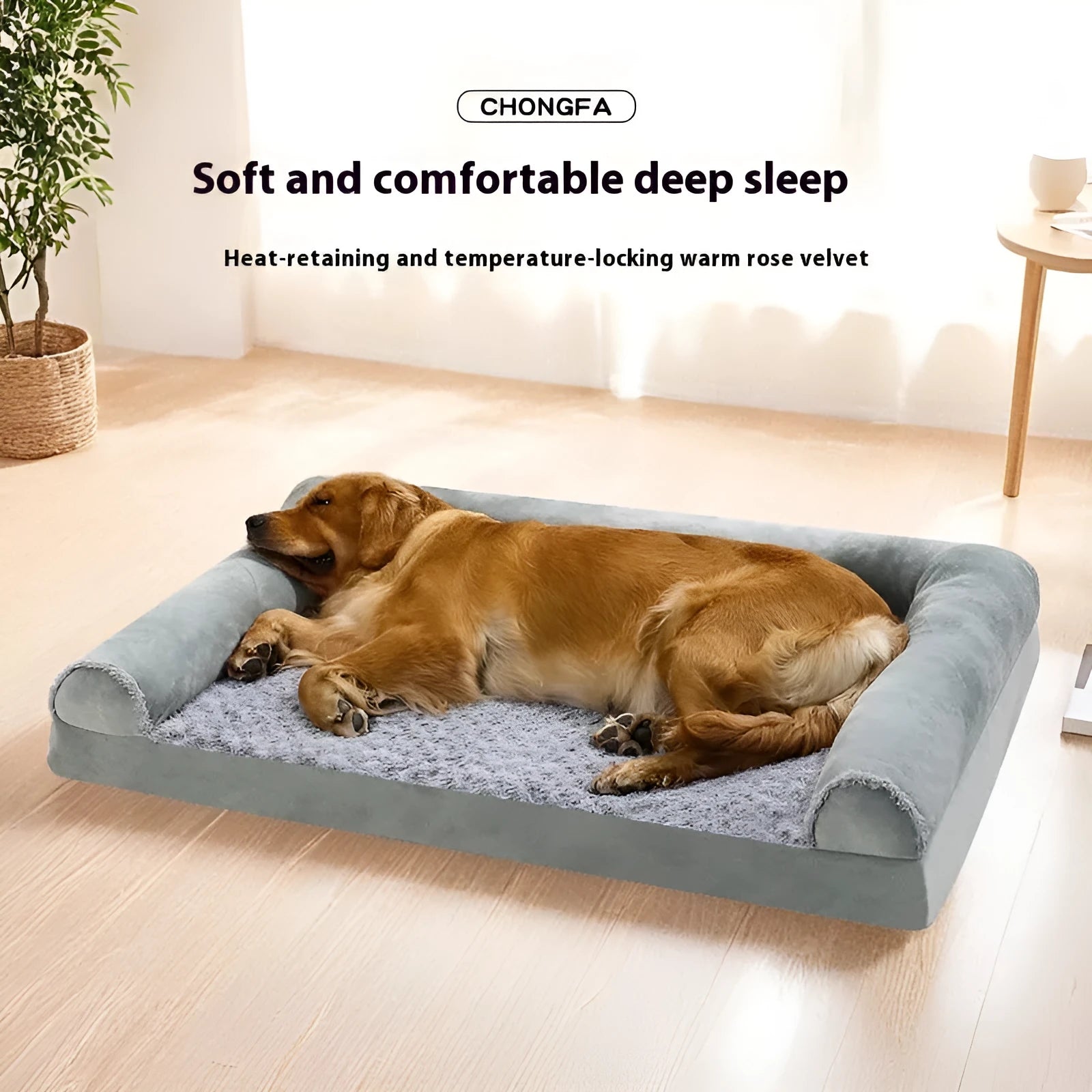 Light grey soft cloth dog kennel for large dogs showing its open front and low-sided design.
