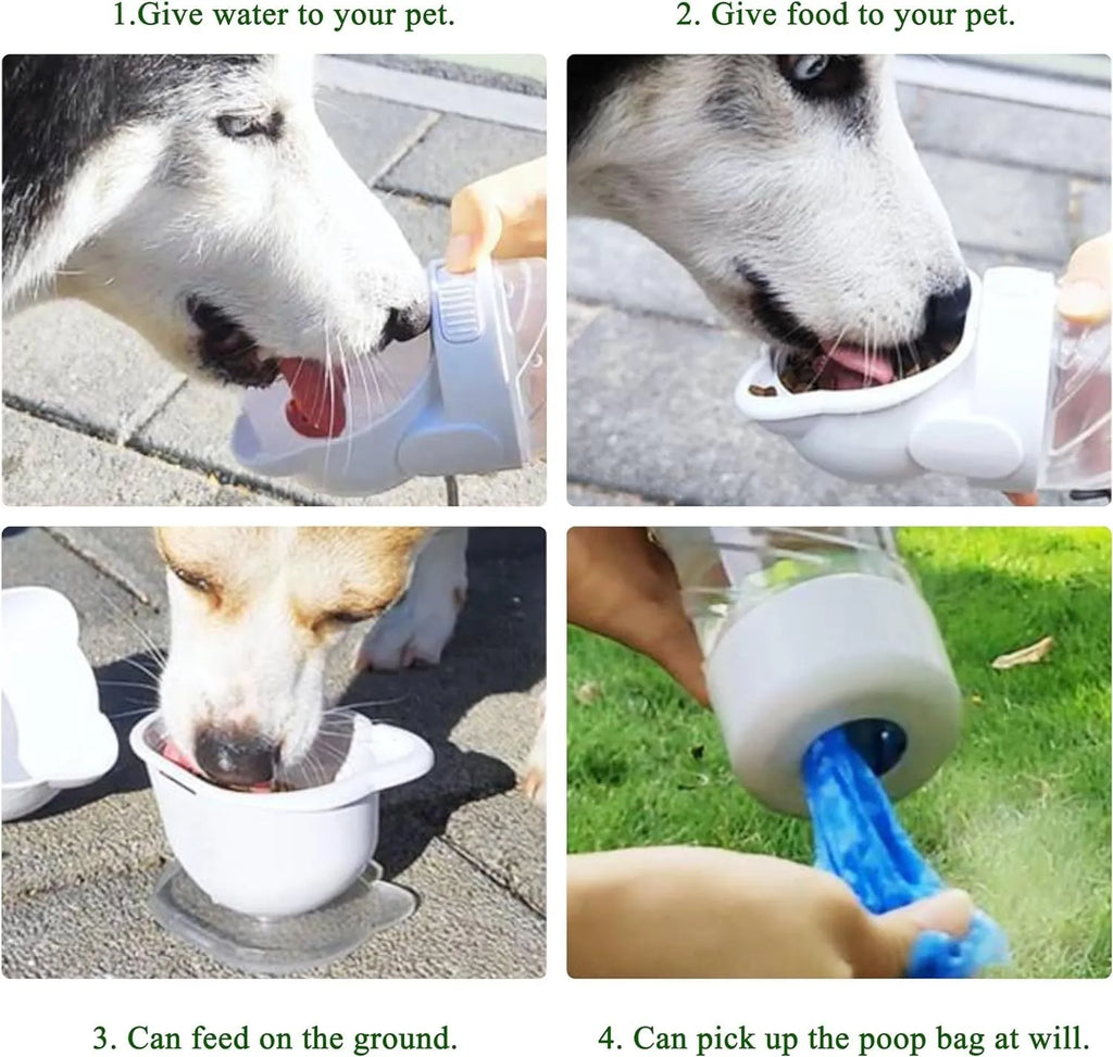 Green, pink, or white 3-in-1 portable pet water bottle with attached strap, food container, and bag dispenser.
