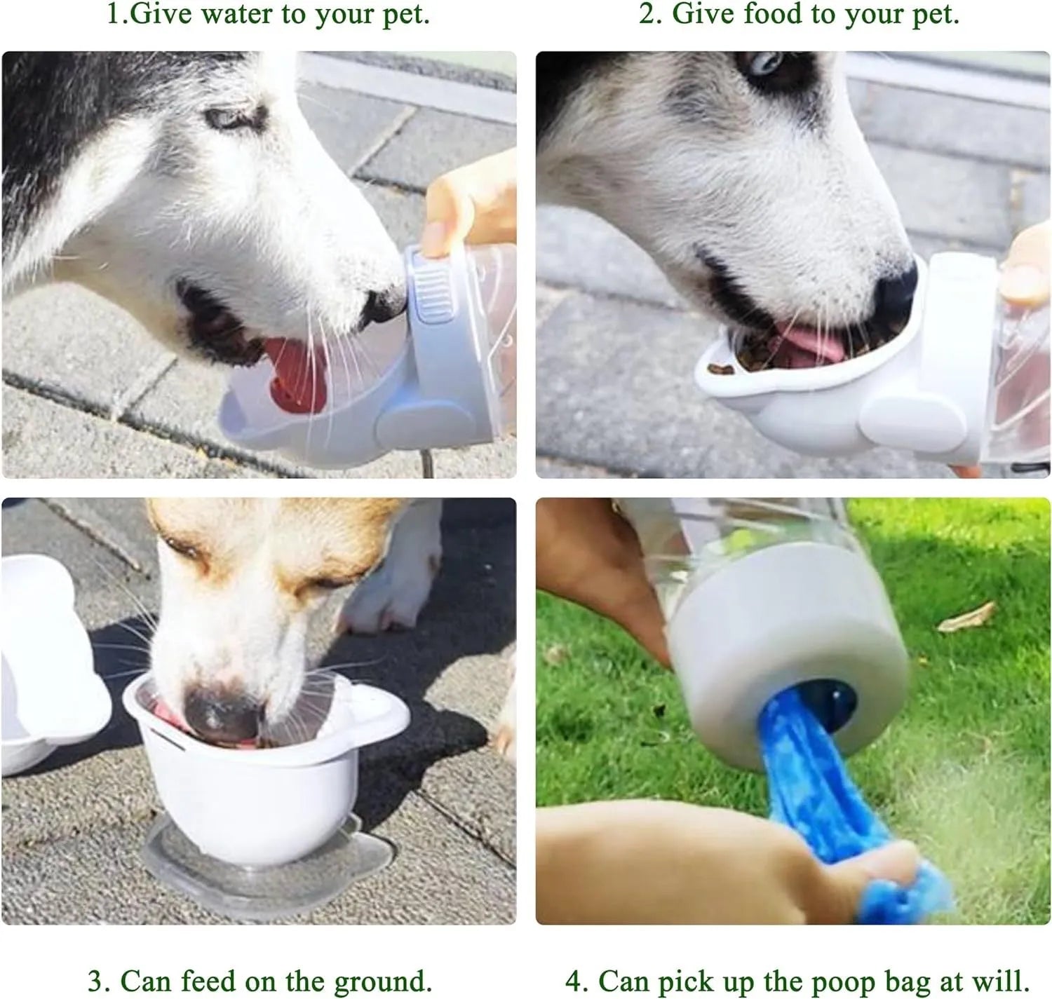 Green, pink, or white 3-in-1 portable pet water bottle with attached strap, food container, and bag dispenser.