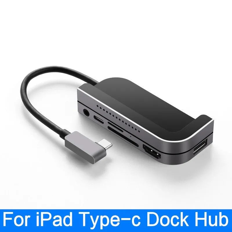 Silver aluminium grey USB-C 6-in-1 docking station for iPad Pro models with multiple ports.