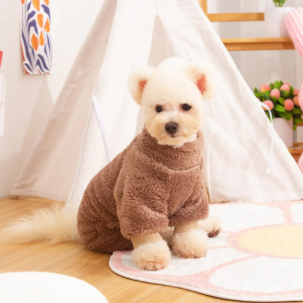 Four-legged dog clothes in double-sided plush fabric with high collar and towing ring in khaki, pink, and blue colours