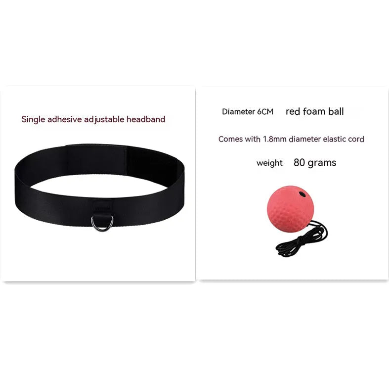 Head-mounted boxing reaction training ball with knitted and rubber adjustable headbands, shown with red, green, and yellow PU balls.