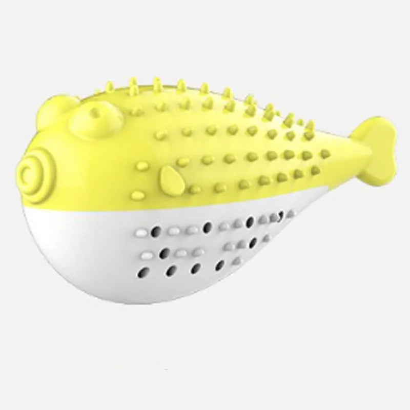 Mint Toys fish-shaped silicone cat chew toy with toothbrush feature in blue, green, pink, or yellow