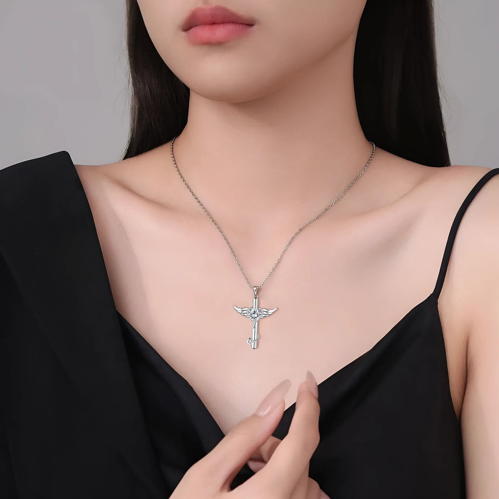 Copper cross stethoscope necklace with wings pendant in white diamond or red diamond electroplated finish