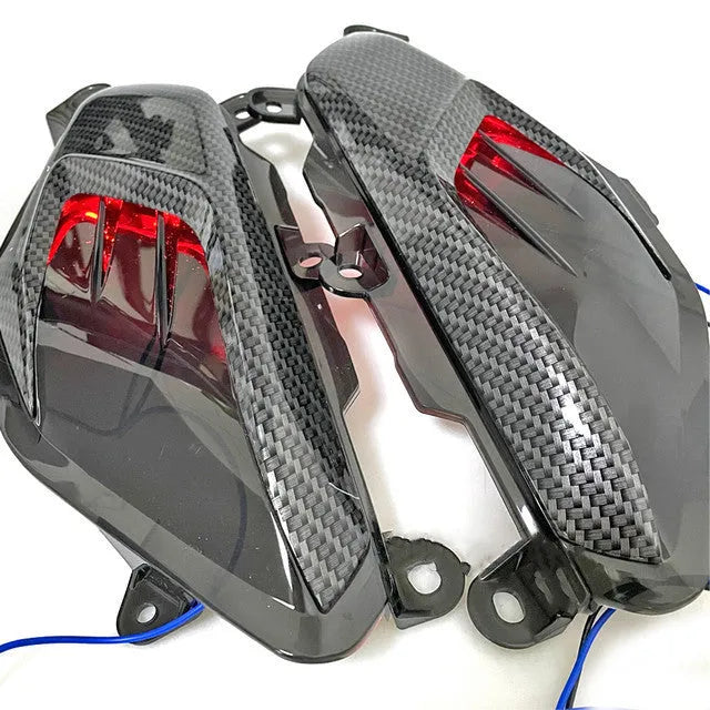 Pair of YAMAHA NMAX side lamps with carbon fibre decoration and blue LED light