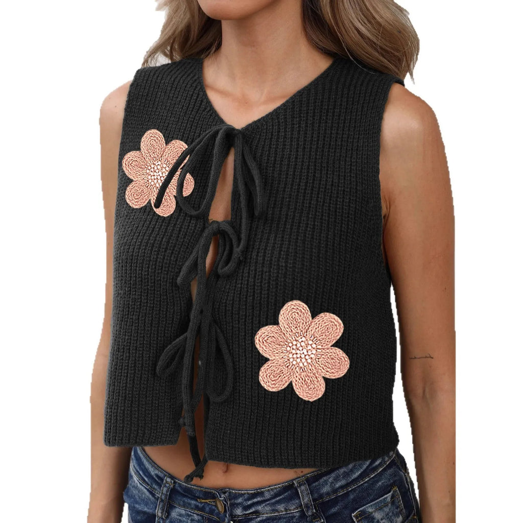 White ladies sleeveless cardigan vest with lace-up bow and apricot floral pattern