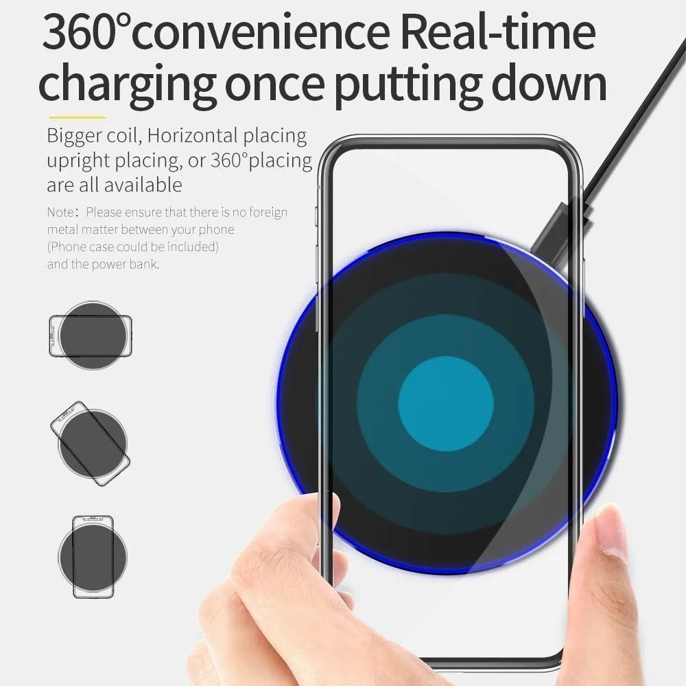 Black ultra-thin wireless charging pad measuring 98mm square with 9V fast charging capability