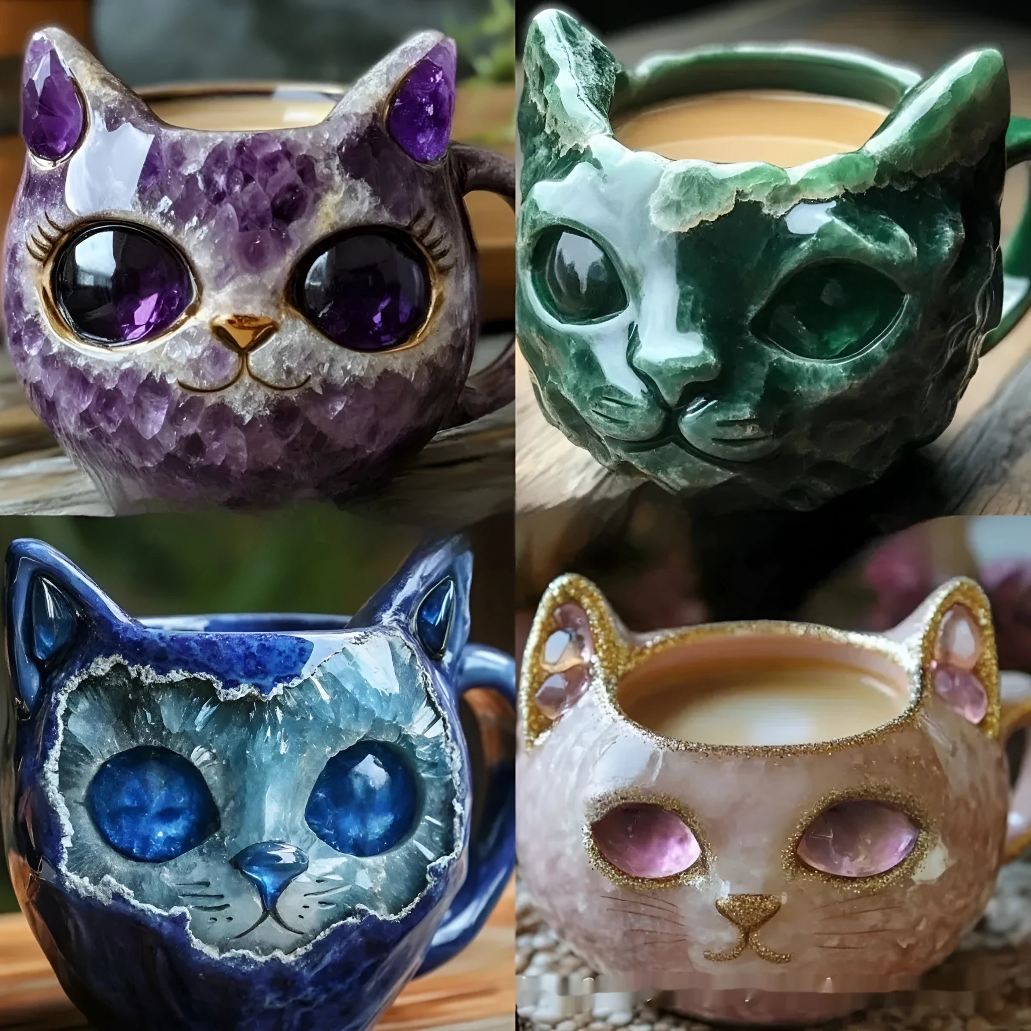 Purple geode mug with crystal pattern and cat design measuring 11cm tall