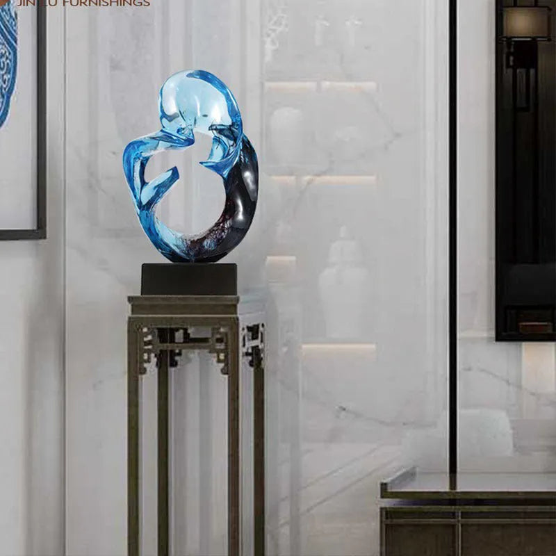 Transparent resin craft ornament in modern minimalist style displayed on shelf