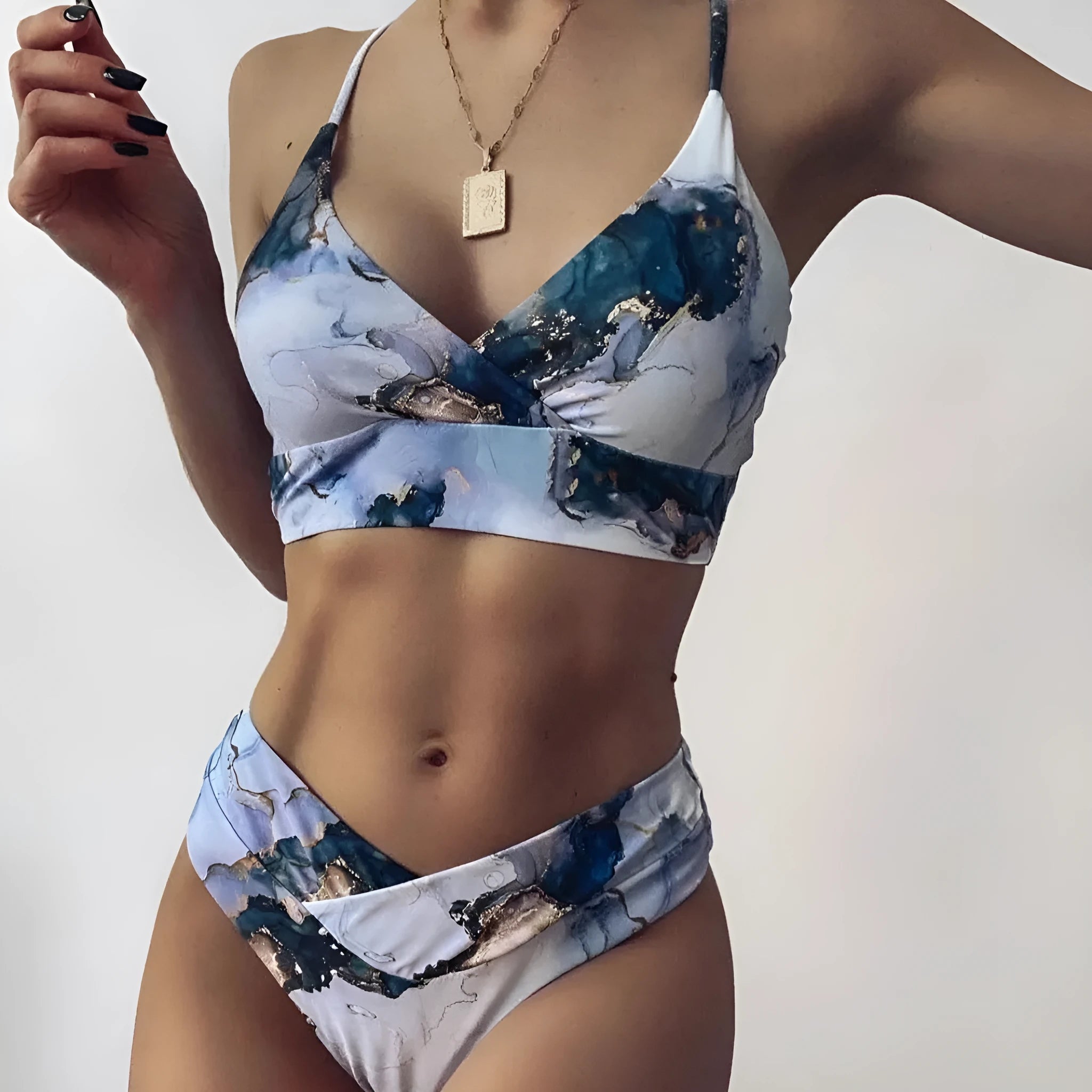 Women's marble tie-dye bikini set with U-neck top and high-waist briefs in blue colour variation