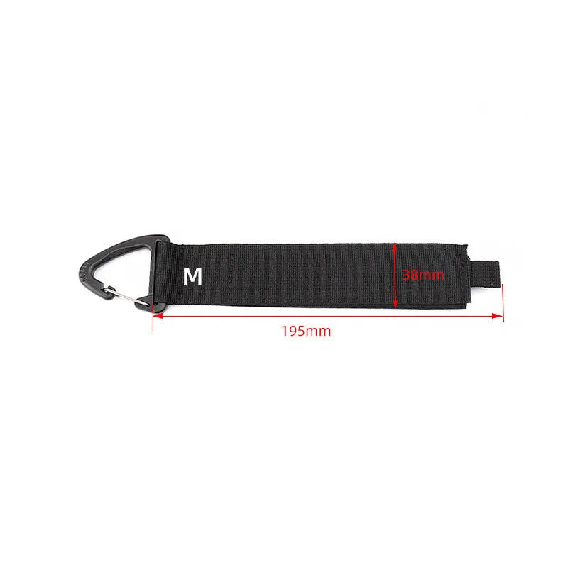 Black gravity strap with climbing button carabiner for storage organisation in three available sizes