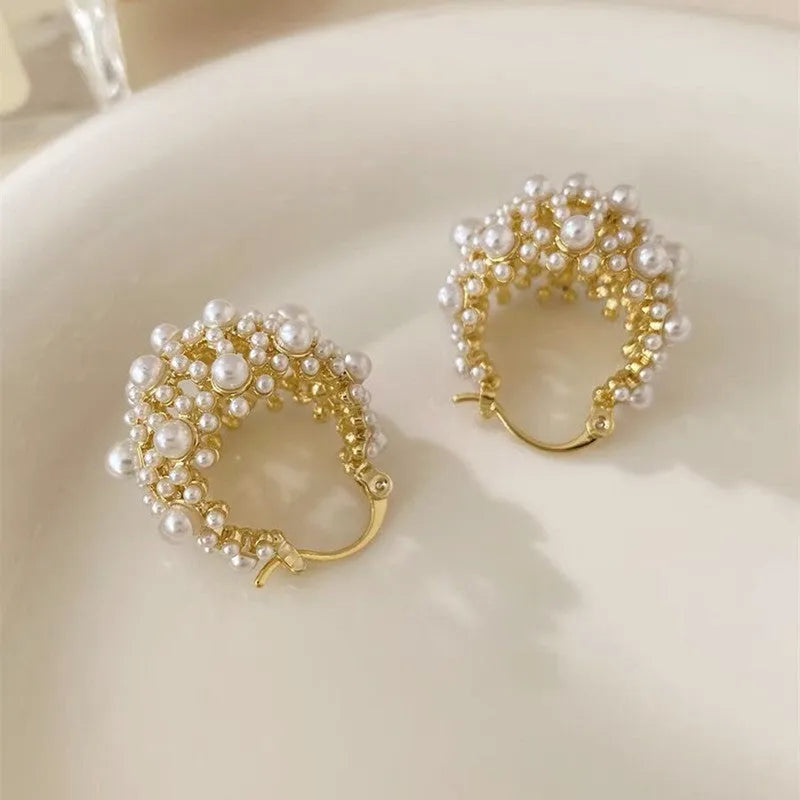 Gold copper women's flower basket earrings with small rice-shaped bead pearl inlay