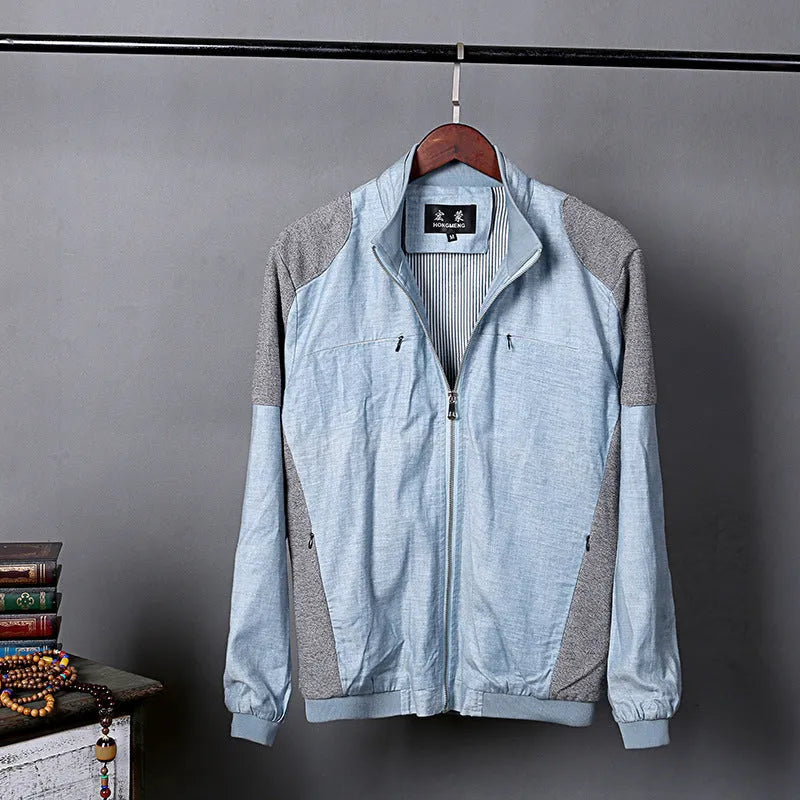 Men's thin blue cotton linen jacket in regular fit on a hanger.