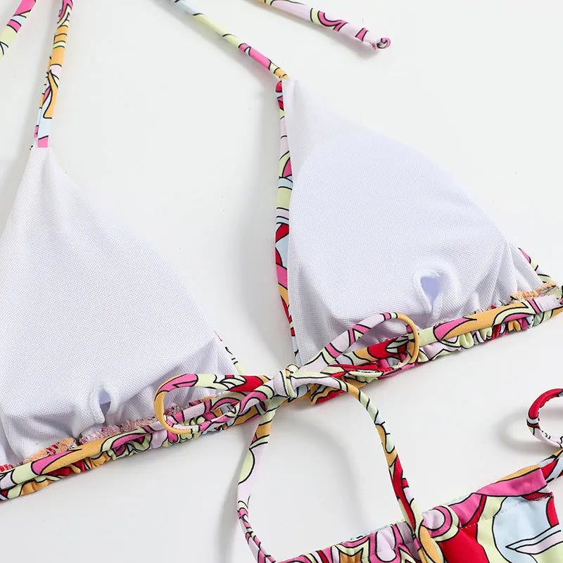 Women's triangle print halter neck bikini set with separate bandeau top in multicolour geometric design