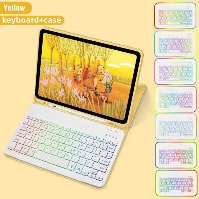 iPad protective case with luminous RGB Bluetooth keyboard and mouse in black leather sheath style