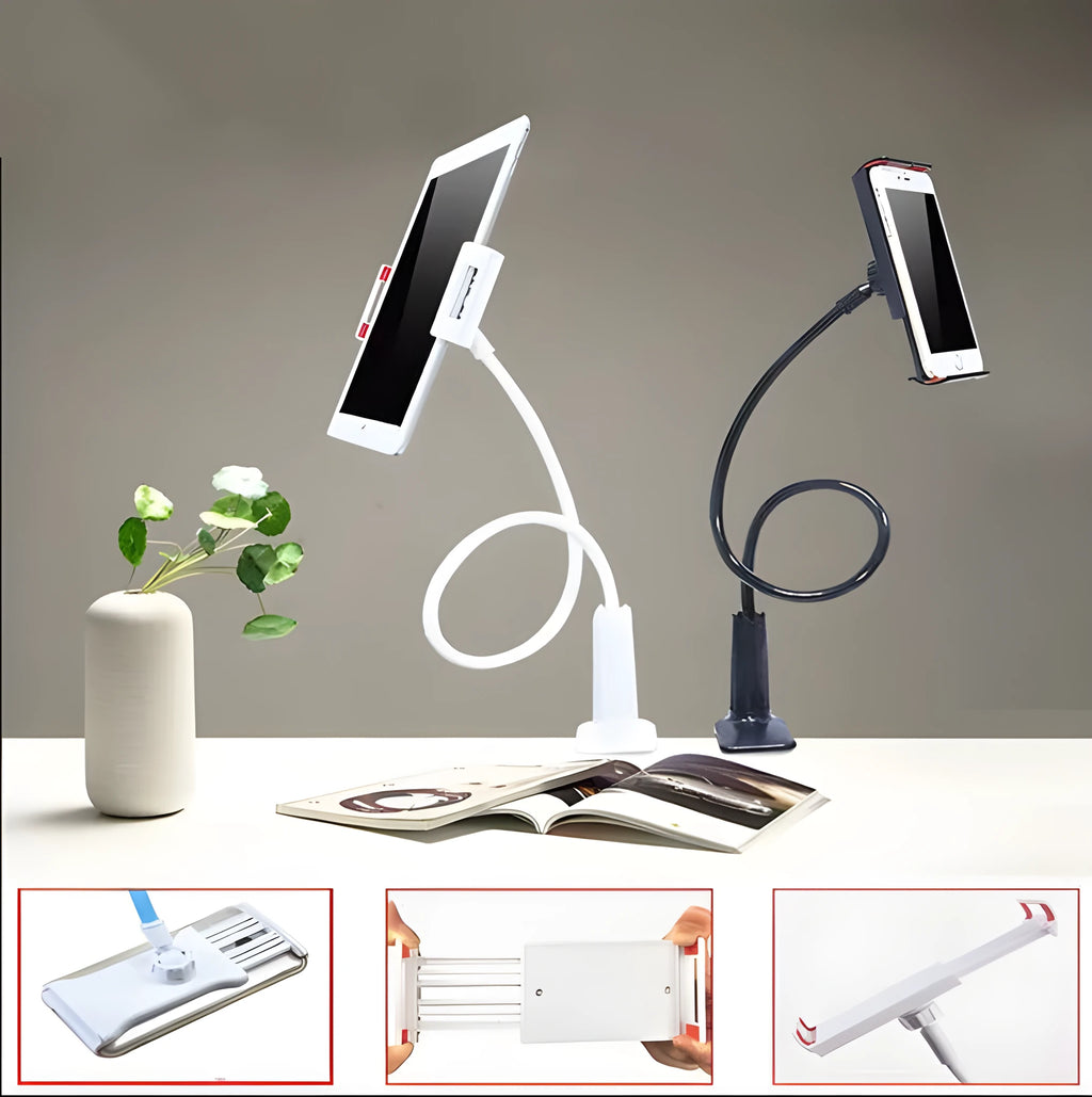 Black adjustable bedside phone holder with long arm on a table
