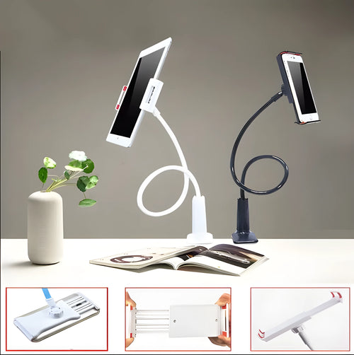 Black adjustable bedside phone holder with long arm on a table