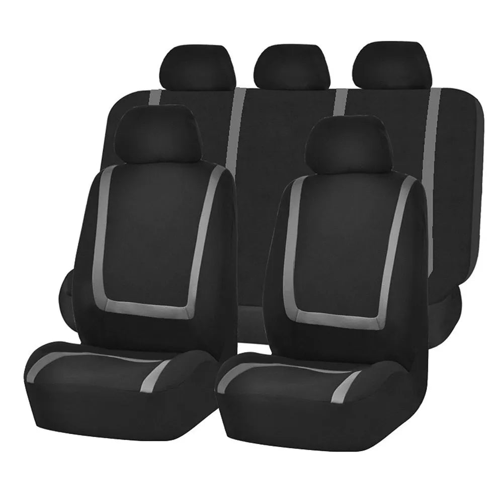 Fully enclosed universal car seat cover set in fabric material, showing headrest and seat panels.
