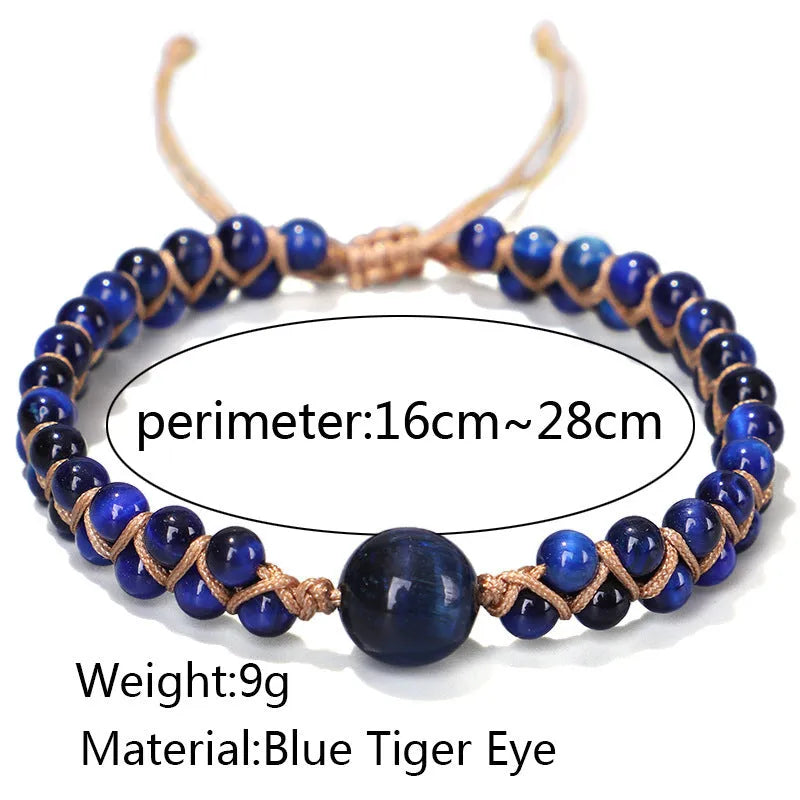 Handmade woven bracelet with geometric pattern in blue tigereye stone beads and pull closure.