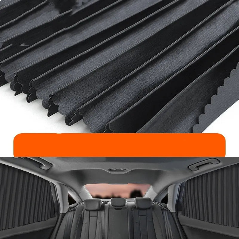 Retractable car sun curtain in thick opaque cloth with roller shutter mechanism