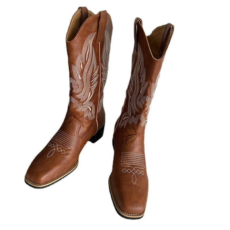 Brown women's mid-calf embroidered Martin boots with leather lining and decorative totem patterns