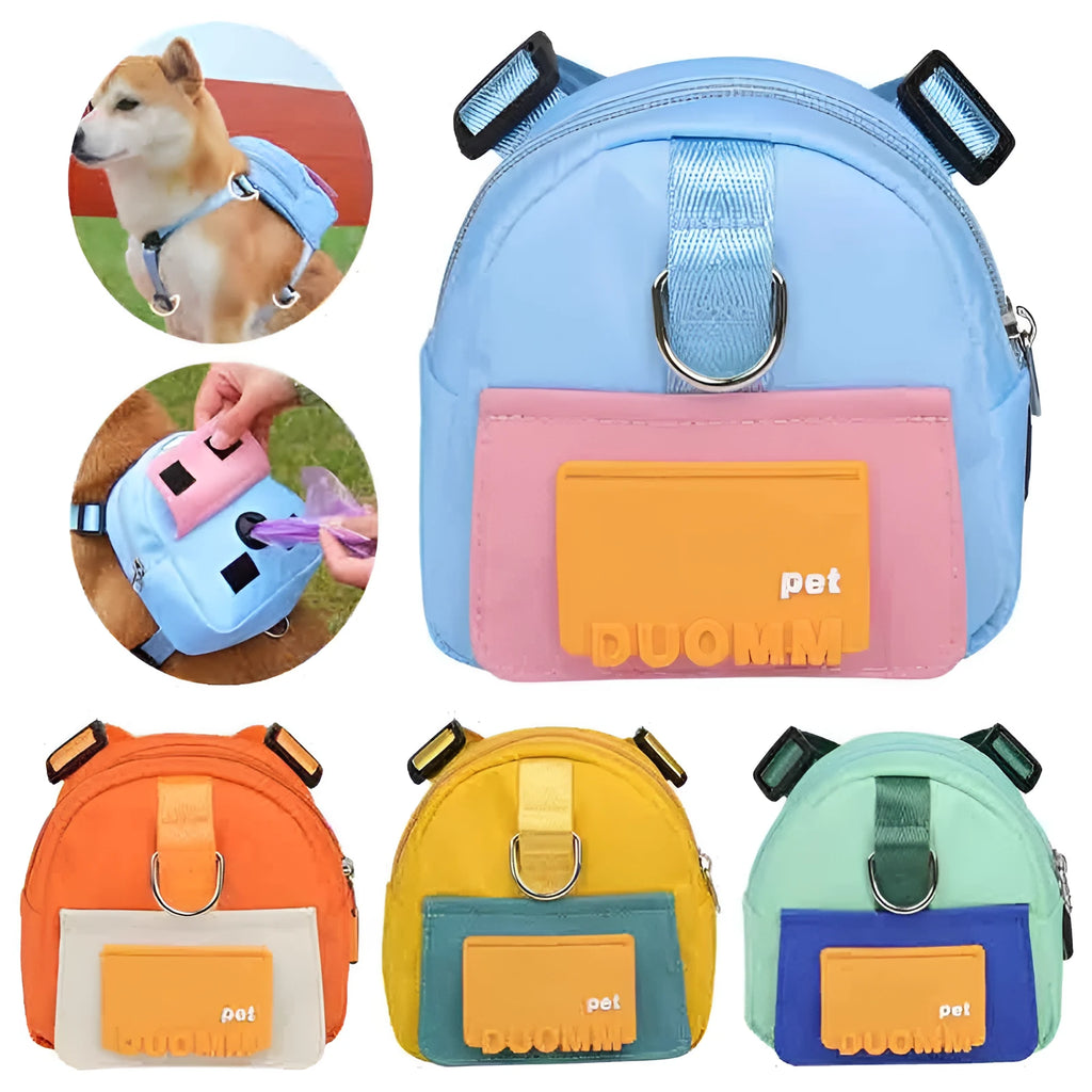 Blue adjustable dog backpack harness with storage compartments and breathable mesh panels
