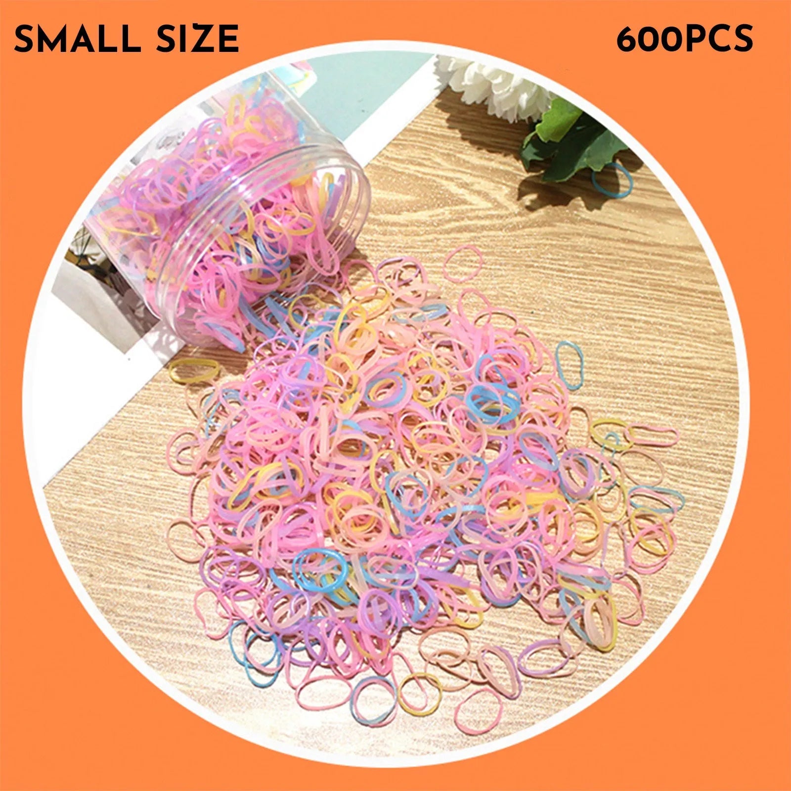 Pack of multicoloured thin TPU baby hair ties stored in a clear reusable plastic container.