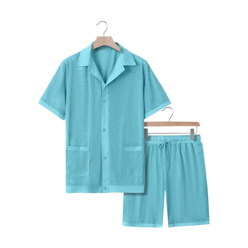 Women's thin polyester beach shorts suit with a see-through cardigan and matching shorts in lake blue.