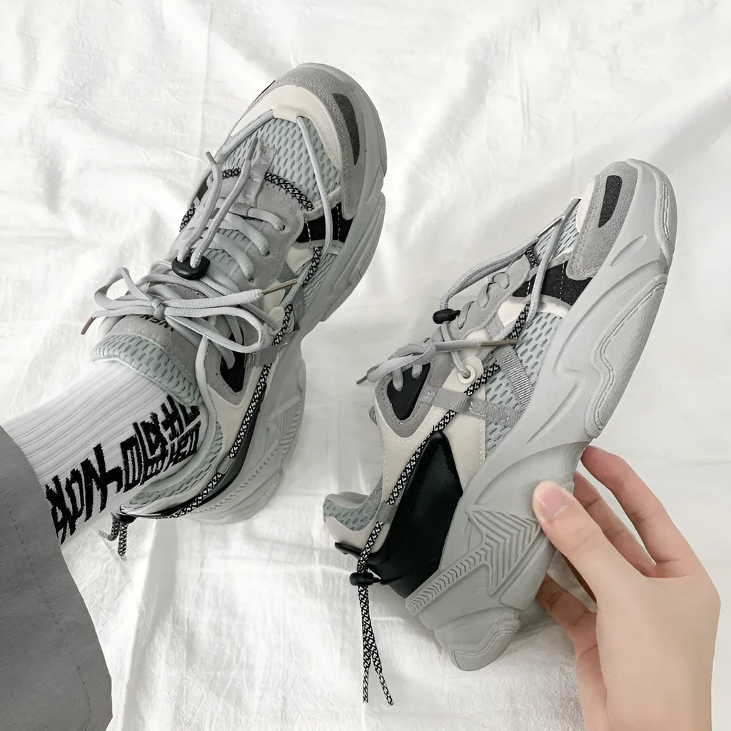 Men's Korean style platform sneakers with lace-up front and height-increasing sole in neutral colours