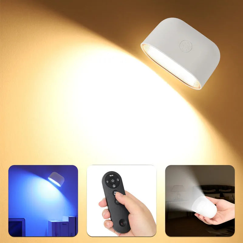 White remote touch magnetic wall lamp with oval light showing 360-degree rotation and magnetic mount