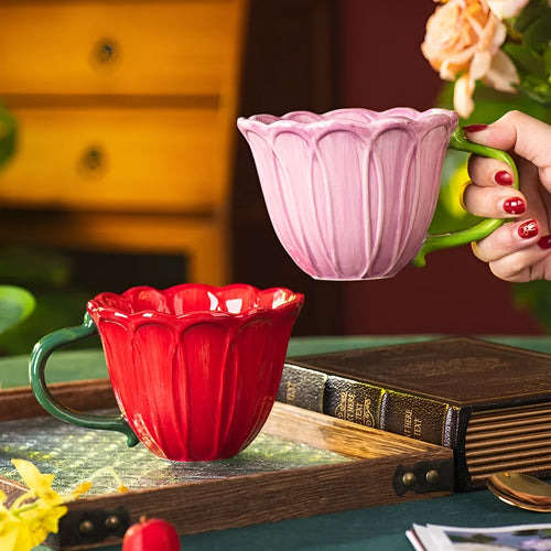 Ceramic breakfast cup with pastoral floral pattern and comfortable handle holding 500ml capacity