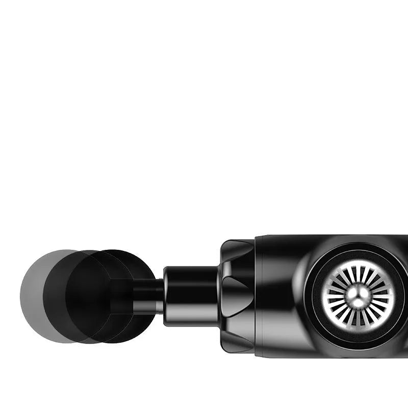 Black and white muscle massage gun with 24V battery and adjustable speed control