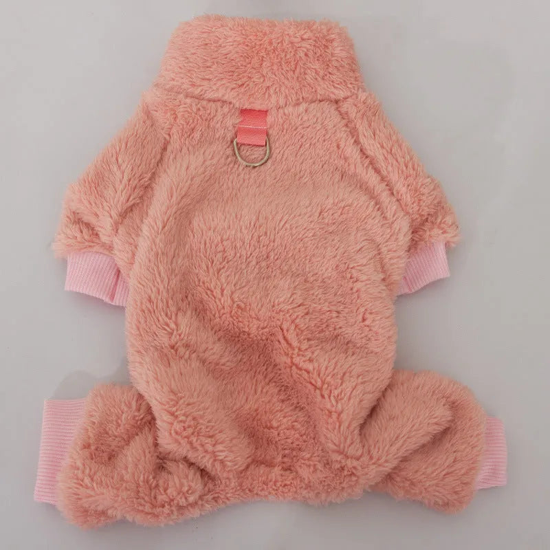 Four-legged dog clothes in double-sided plush fabric with high collar and towing ring in khaki, pink, and blue colours