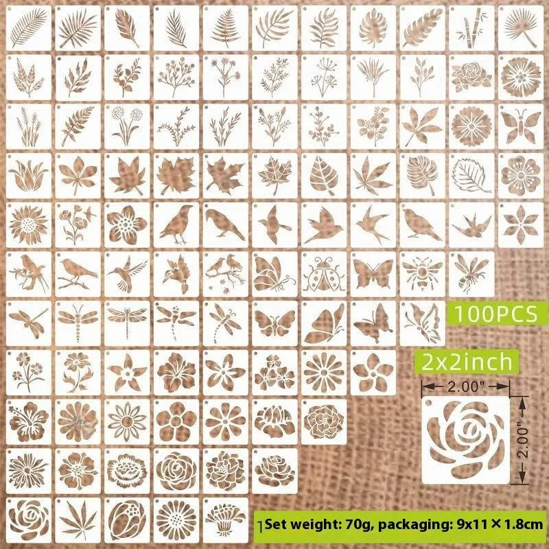 Milky white PET film hollow stencil sheets showing flower, animal, ocean, and letter designs for spray painting.