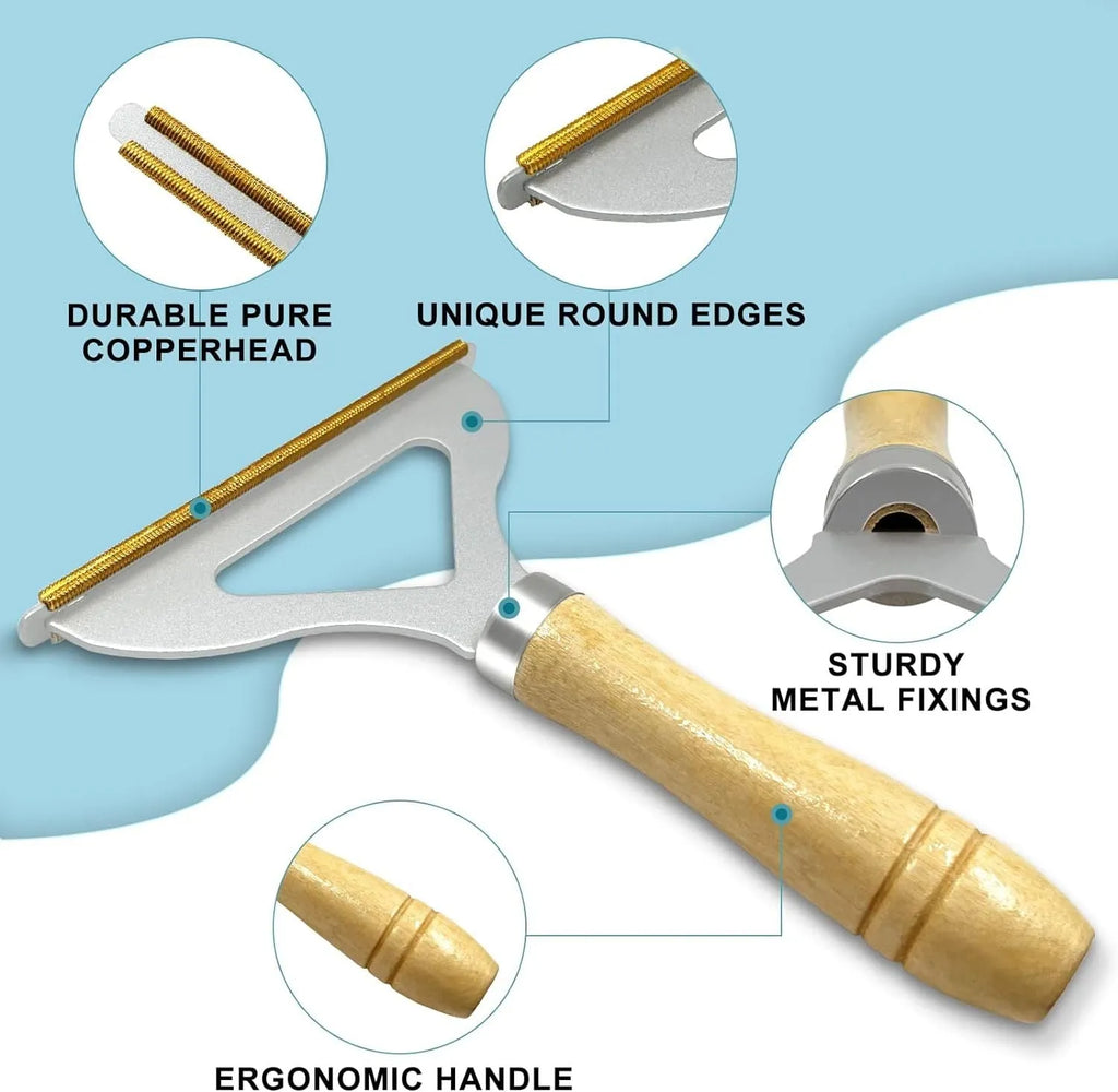Three pet hair removal tools: a copper lint shaver, a silicone brush, and a round ABS cleaner.