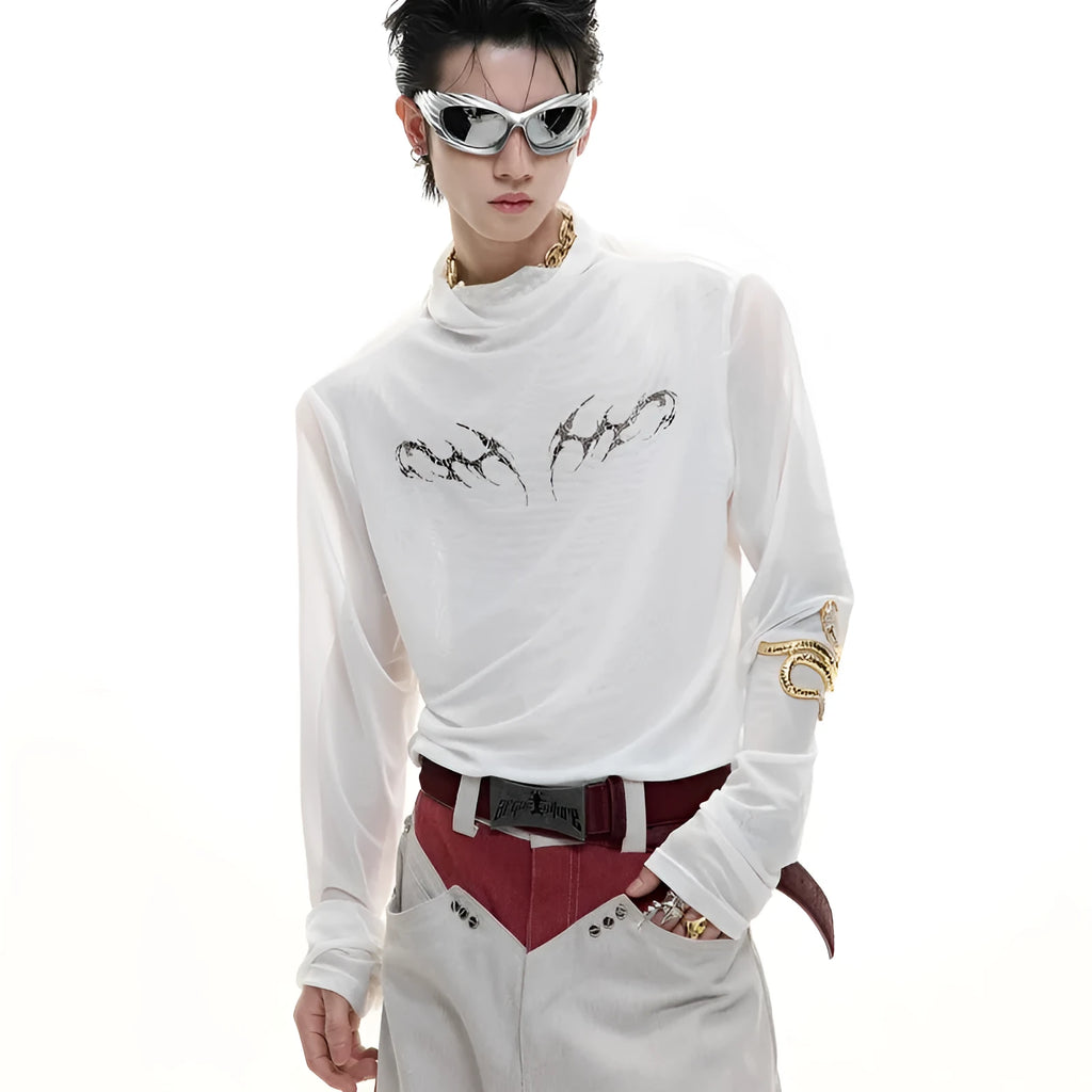 Black niche mesh ice-feeling slim bottoming long sleeve shirt on a mannequin, showing the trendy fit.