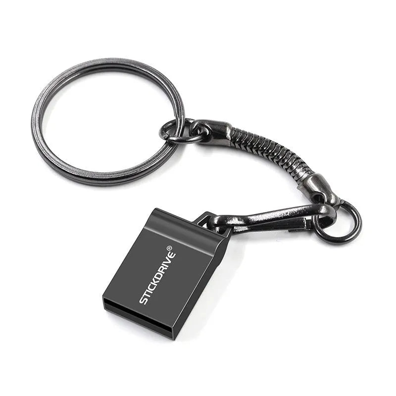 Metal USB flash drive with attached necklace chain in silver finish