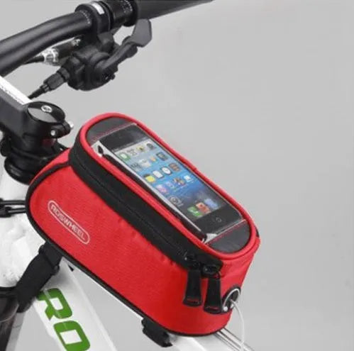 Bicycle frame bag with universal smartphone holder in multiple colours mounted on bicycle handlebars