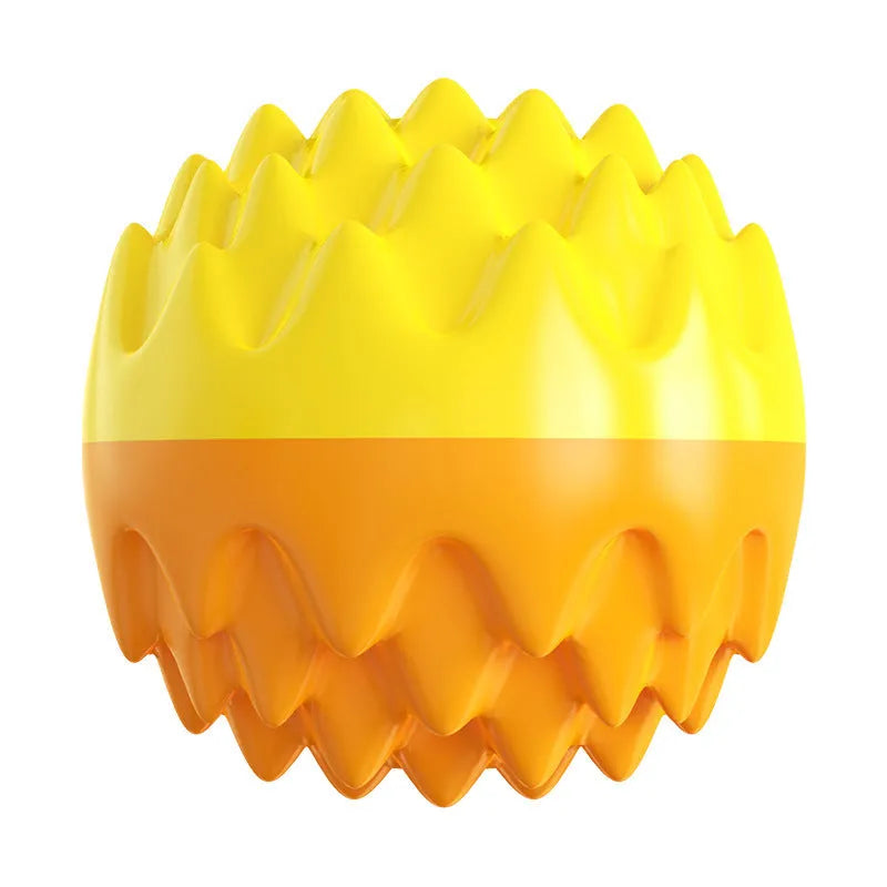 Blue or orange squeaky dog ball toy with spiky texture for dental cleaning and mental enrichment