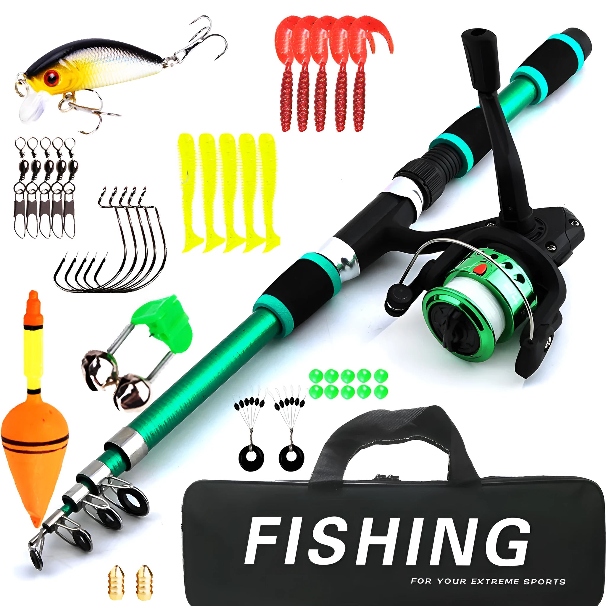 Children's beginner fishing rod set with pole and wheel in blue, green, red, or yellow colour options