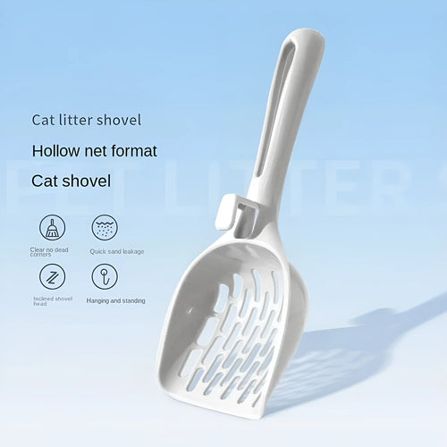 Grey plastic cat litter scoop with an attached stand or base.