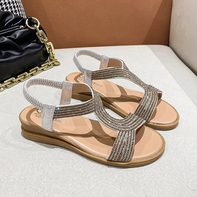 Women's patent leather beach sandals with rhinestone decoration on round toe