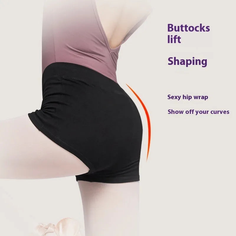 Women's solid black cotton ballet practice shorts for dance exercise with Asian sizing options